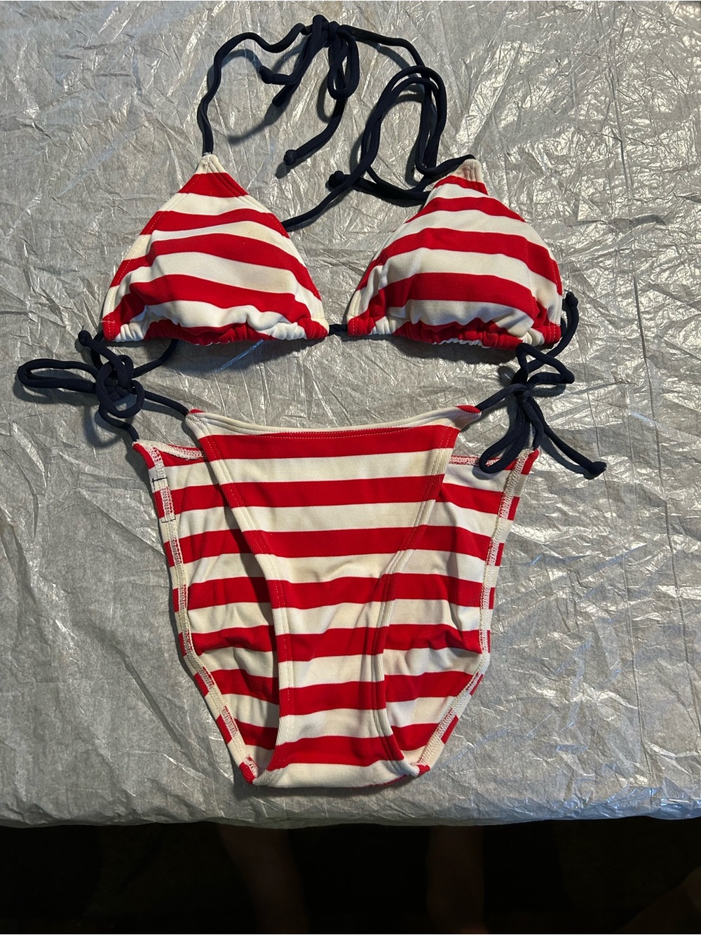 Vintage Jag Red and White Striped Triangle String Bikini Set
